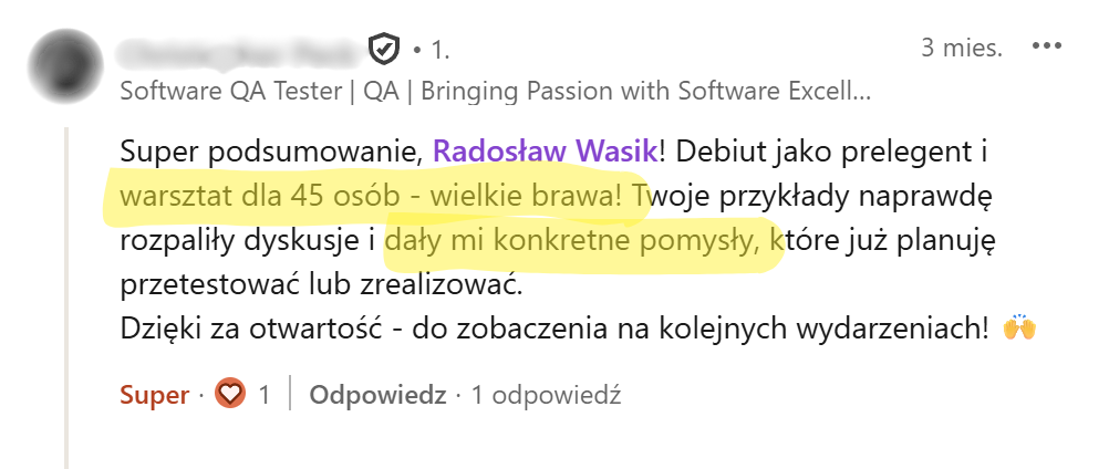 Zrzut ekranu opinii uczestnika 1