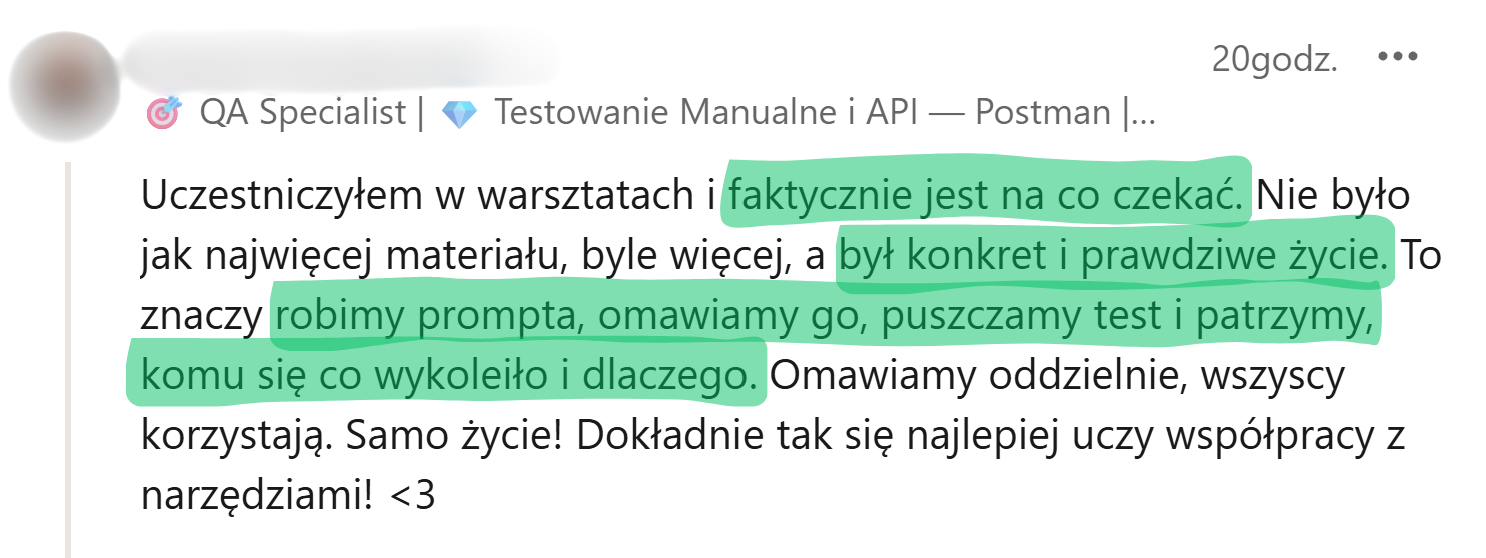 Zrzut ekranu opinii uczestnika warsztatu o AI