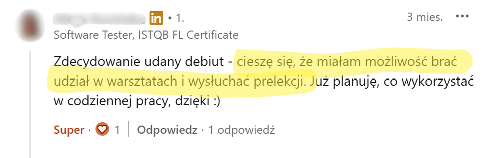 Zrzut ekranu opinii uczestnika 2