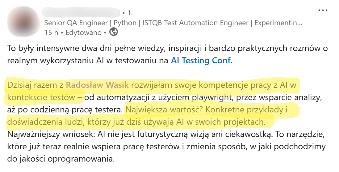 Zrzut ekranu opinii uczestnika 4