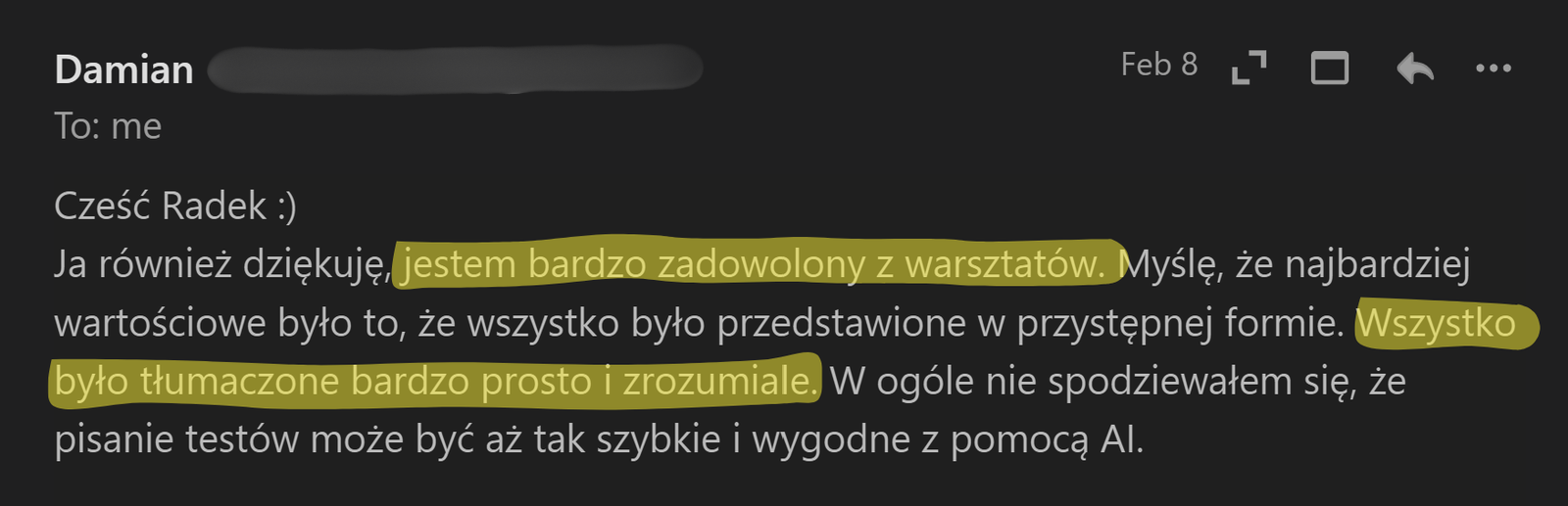 Zrzut ekranu opinii uczestnika warsztatu o AI
