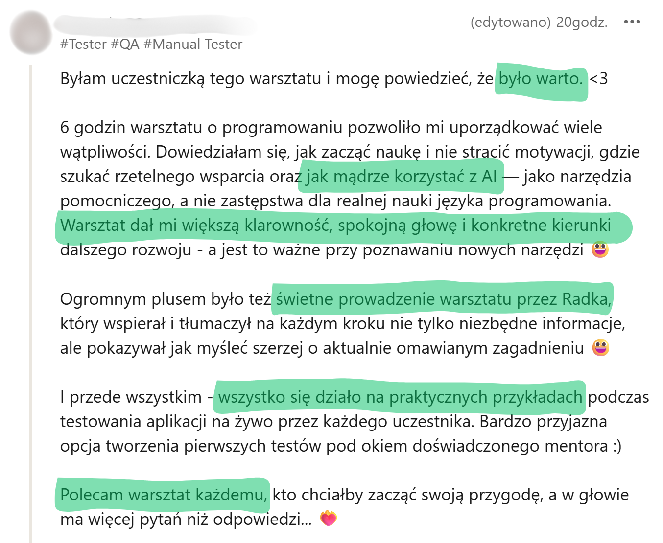 Zrzut ekranu opinii uczestnika 9